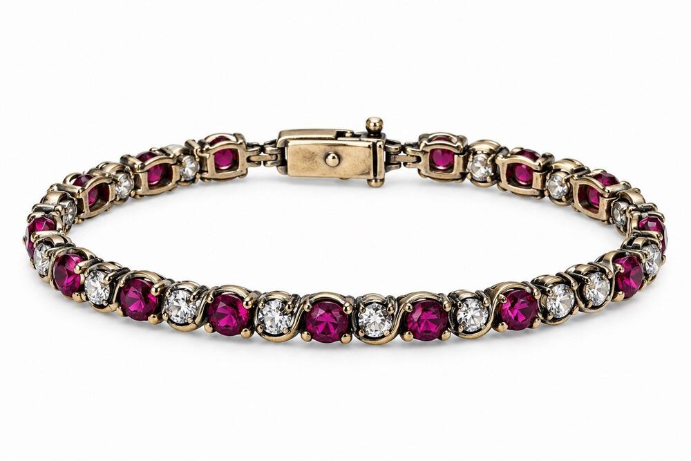 925 Sterling Silver Gold Plated Pink & White Topaz Bracelet Size 7.5